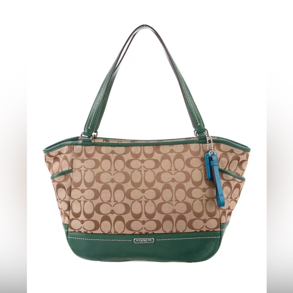 Coach Signature Canvas Leather‎ Trim Tote Shoulder Bag Brown Green Handbag - Picture 2 of 10